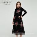 Manufacturer black lace detail velvet printed long sleeved dress